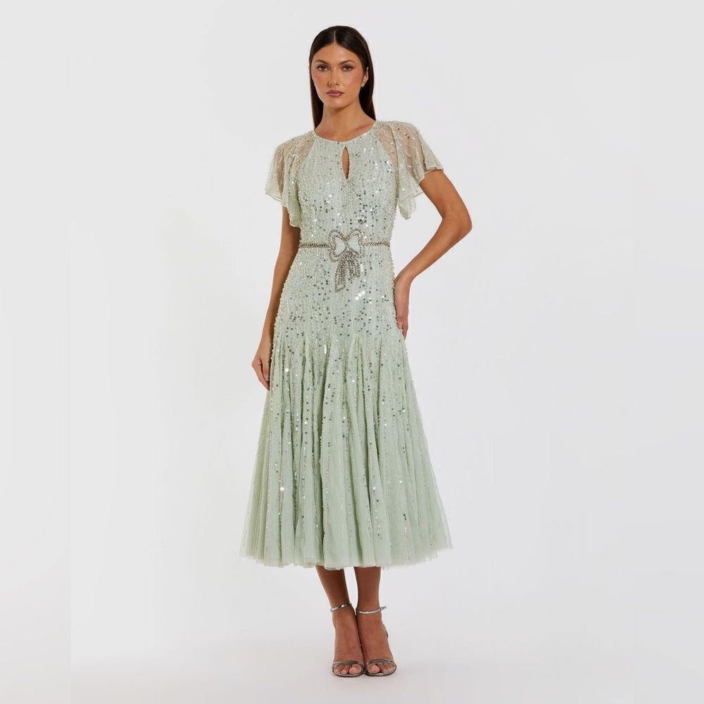 MAC DUGGAL 94128 Green Embellished Bow Flutter Sleeve A Line Midi Dress - Picture 3 of 16